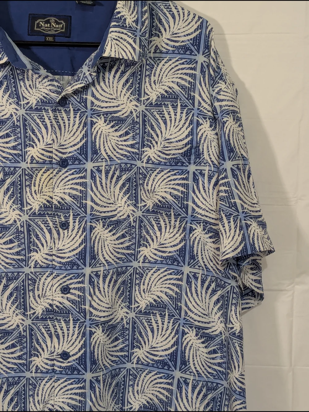 Nat Nast Men’s Hawaiian Shirt XXL Blue White Tropical Camp Shirt Button Front
